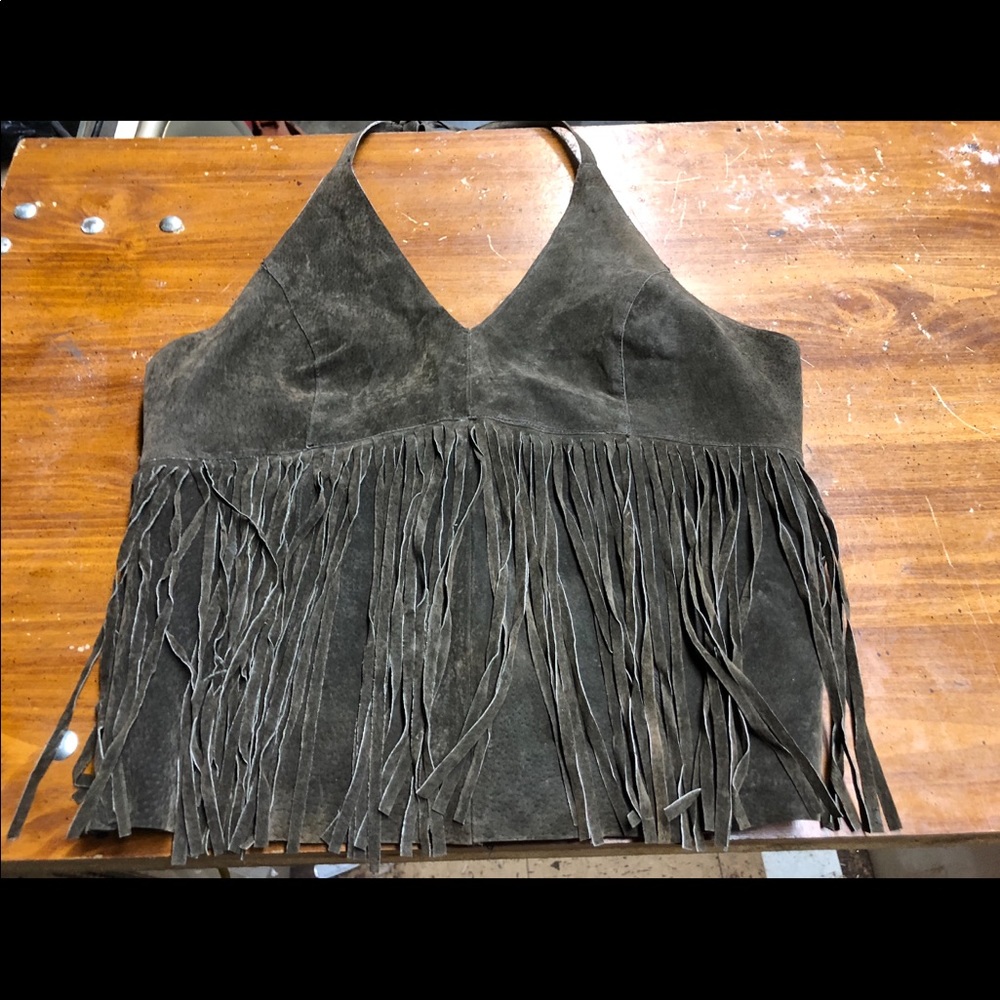 Brown fringed leather halter top